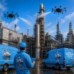 Mr Drohnenwash Team Hamburg — Handwerker mit Drohnen vor Industrieanlage