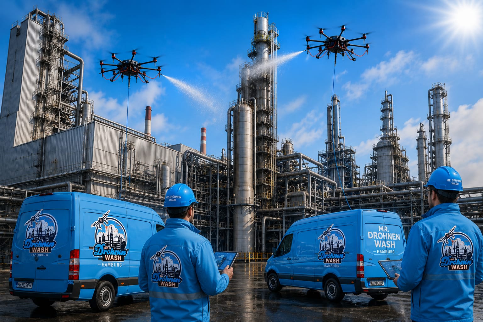 Mr Drohnenwash Team Hamburg — Handwerker mit Drohnen vor Industrieanlage