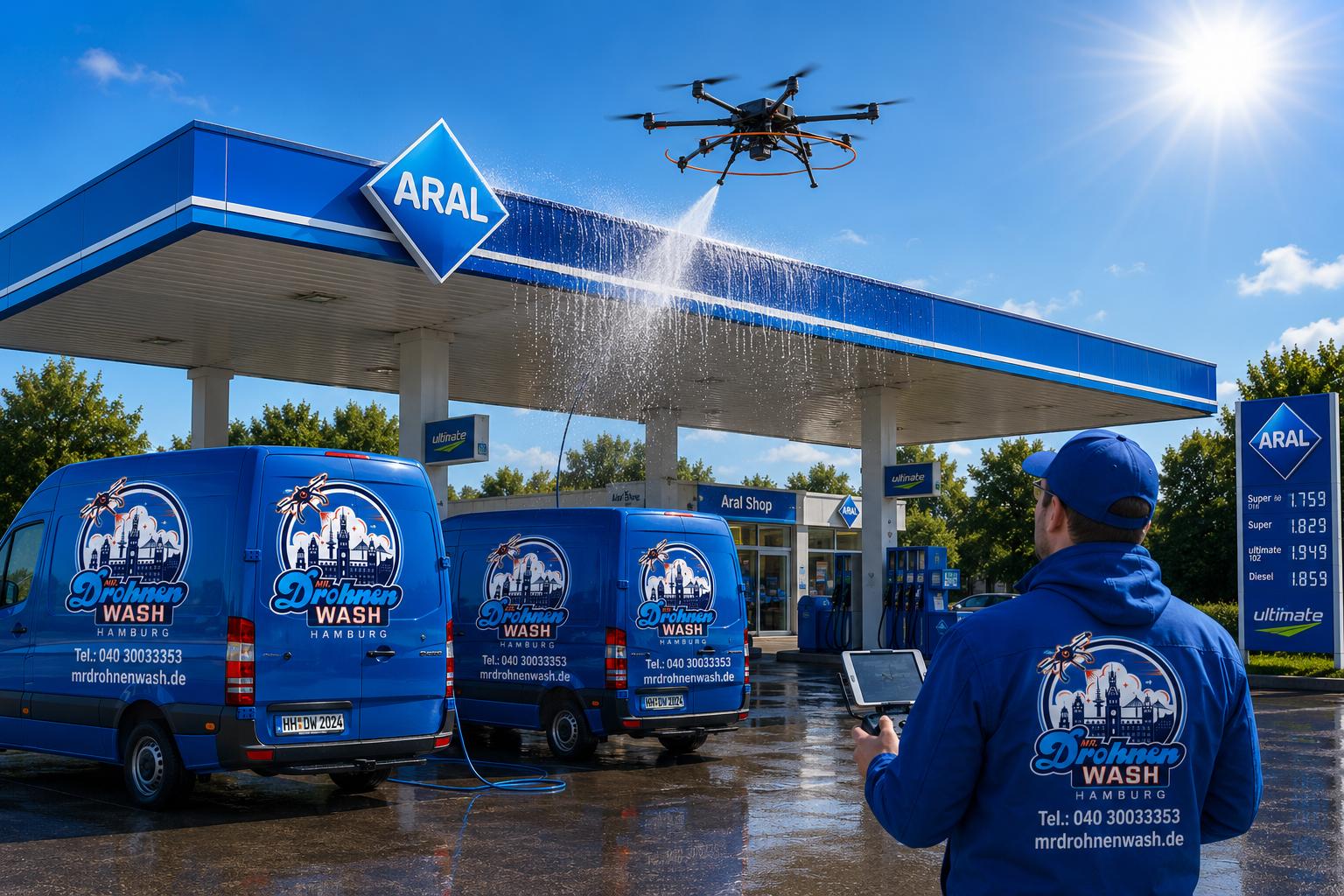 Mr Drohnenwash – Reinigung per Drohne im Einsatz (Aral-Tankstelle)