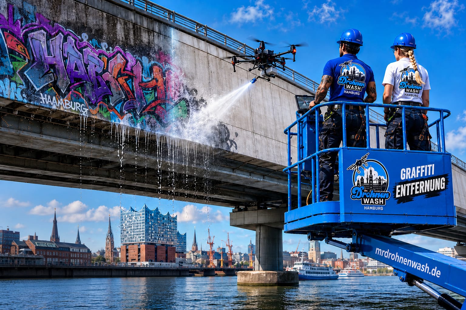 Drohne entfernt Graffiti an einer Brücke in Hamburg ohne Gerüst