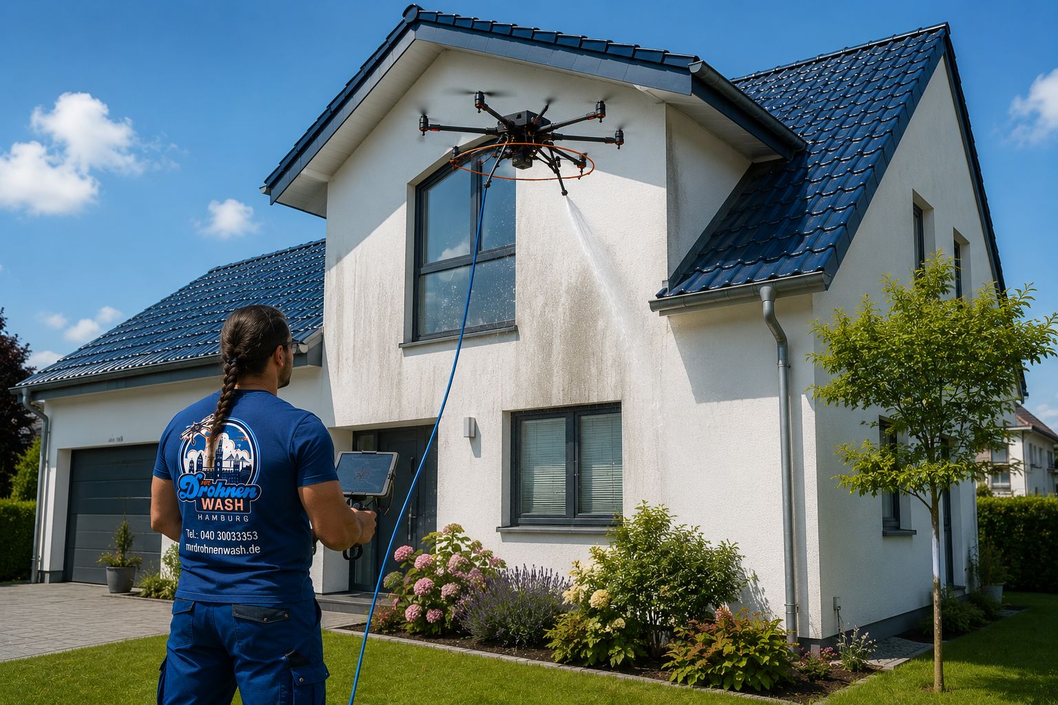 Drohne reinigt eine Hausfassade aus der Luft