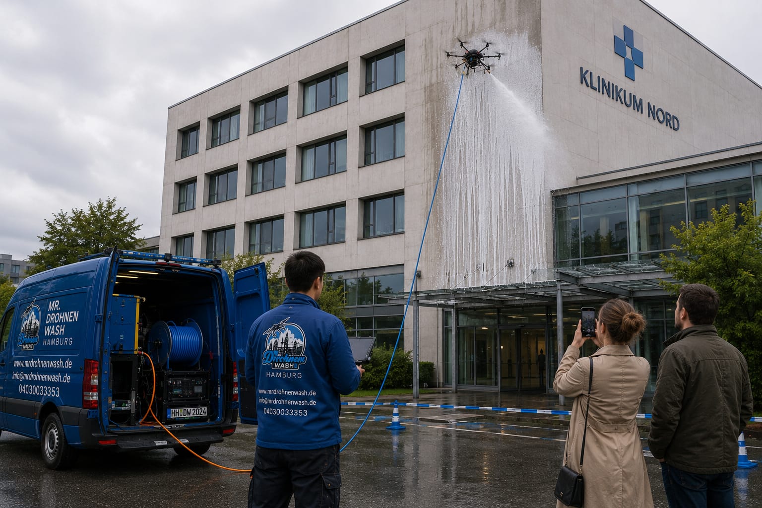 Fassadenreinigung Klinik und Gewerbe per Drohne