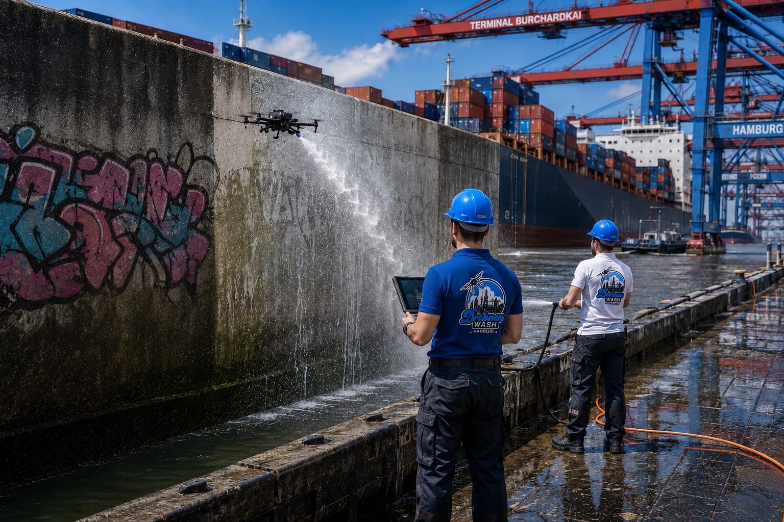 Mr Drohnenwash im Einsatz am Hamburger Hafen, Skyline