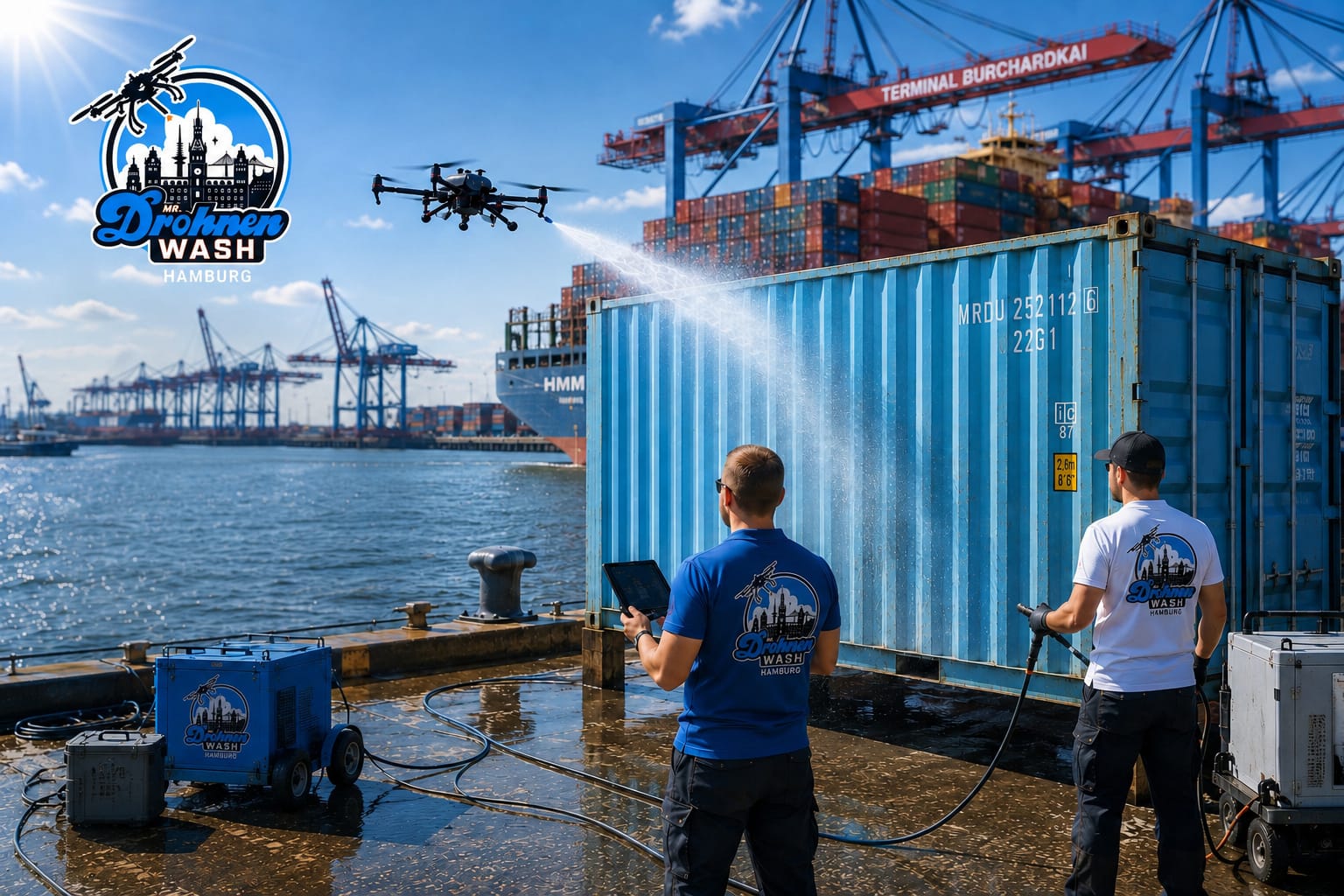 Drohne reinigt einen Container am Hamburger Hafen