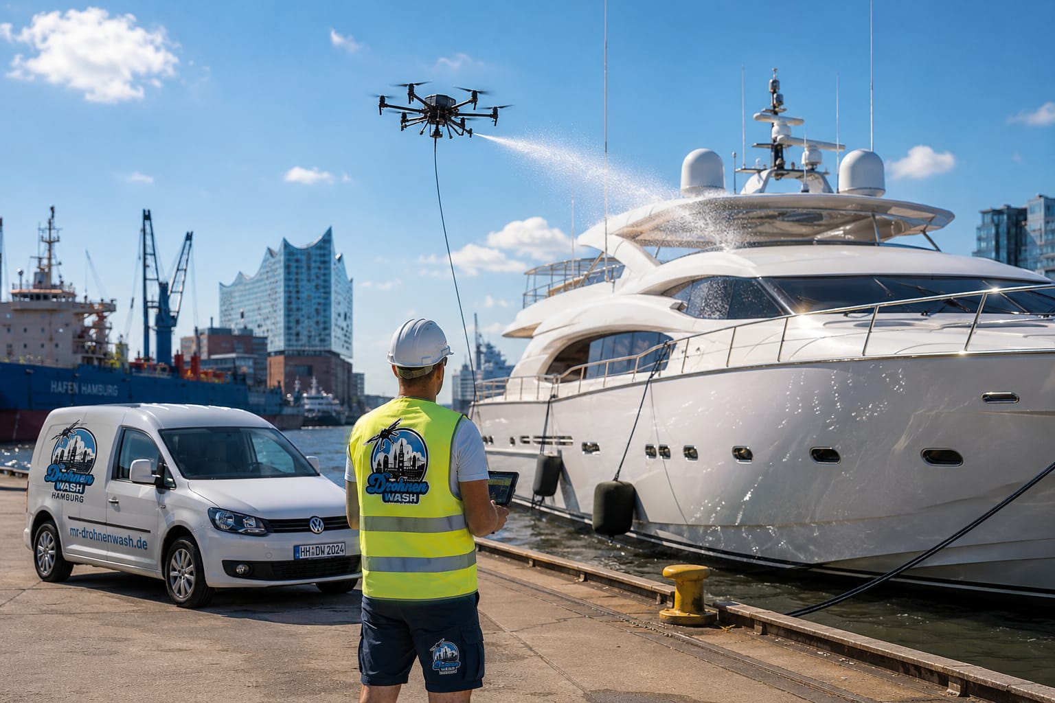Drohne reinigt eine Yacht im Hamburger Hafen