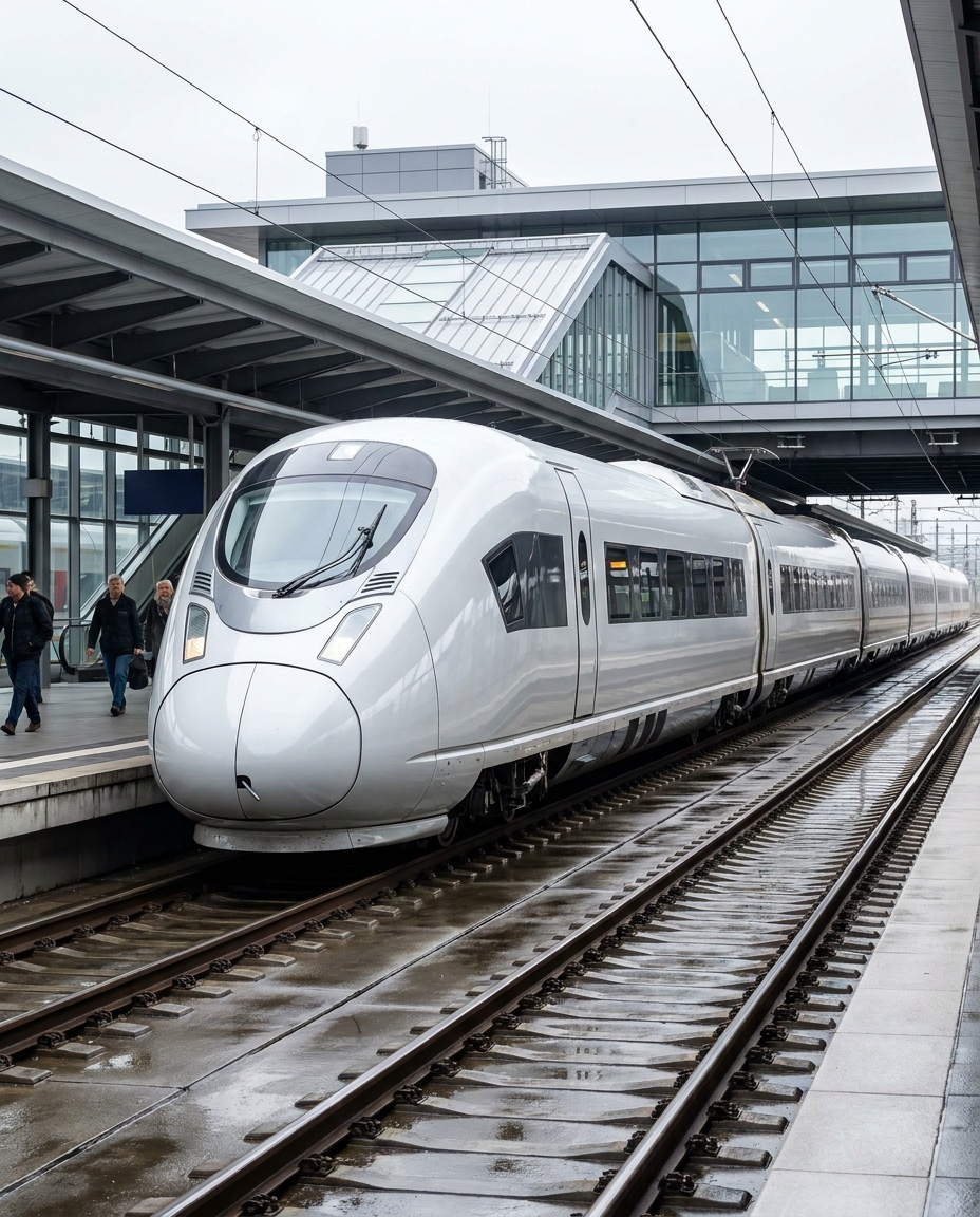 Hochgeschwindigkeitszug am Bahnsteig – Außenreinigung per Drohne, ohne Gerüst